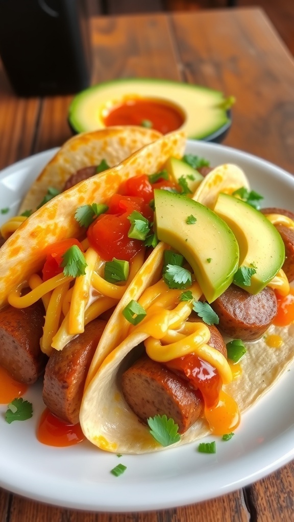 Warm tortillas filled with sausages, cheese, and avocado, garnished with cilantro on a rustic table.
